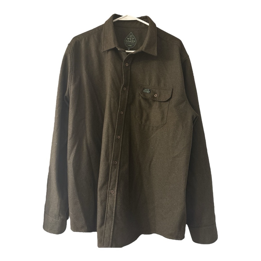 Wet Coast Brewery Brown Button Down Wool Shirt With Lime Green Logo